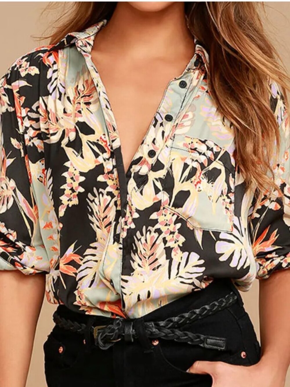Free People Size M Under the Palms Black Print Button Up Top Blouse Colorful